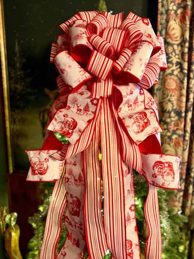 The Kringle Red & White Christmas Tree Topper Bow, Santa Claus toile bow, bow for wreath, luxury ribbon bow, bow for tree, christmas bows