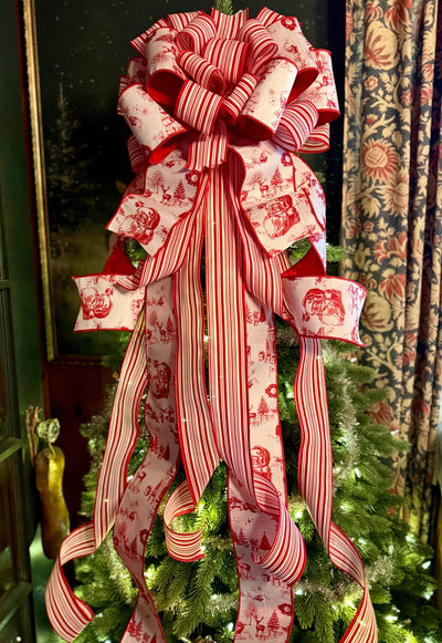 The Kringle Red & White Christmas Tree Topper Bow, Santa Claus toile bow, bow for wreath, luxury ribbon bow, bow for tree, christmas bows