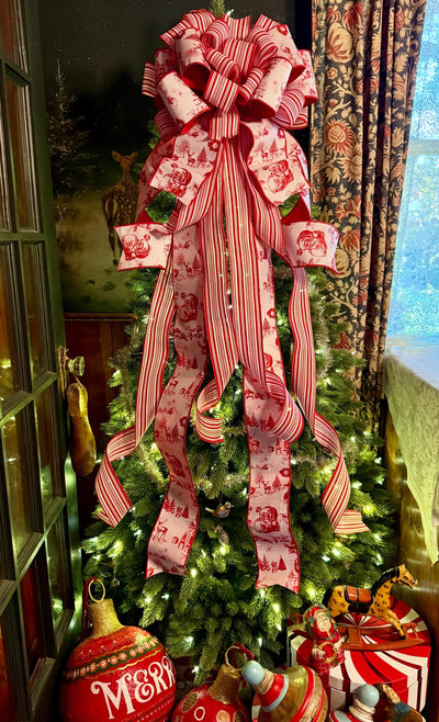 The Kringle Red & White Christmas Tree Topper Bow, Santa Claus toile bow, bow for wreath, luxury ribbon bow, bow for tree, christmas bows