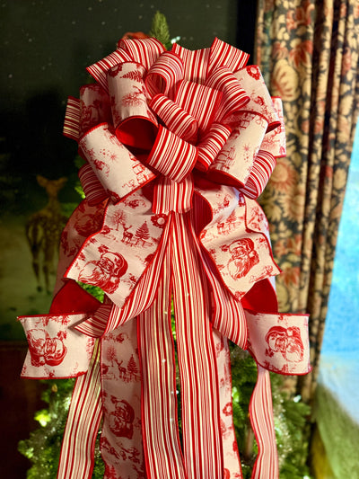 4" Wired Dupioni Ribbon | Red Christmas Toile on White w/Red Backing | 10 Yard Roll, cottage ribbon, Luxury ribbon, Craft supply, Bow making