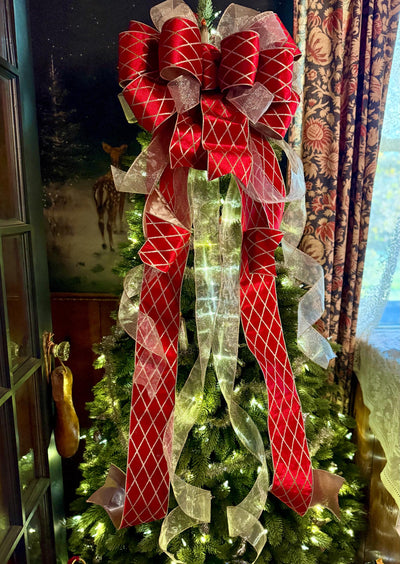 The Delaney Red & Gold Harlequin Bow, Velvet Christmas Tree Topper Bow, XL Luxury red ribbon topper, Handmade extra large Christmas tree bow