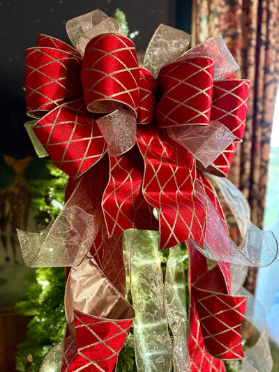 The Delaney Red & Gold Harlequin Bow, Velvet Christmas Tree Topper Bow, XL Luxury red ribbon topper, Handmade extra large Christmas tree bow