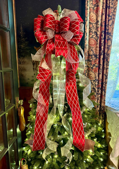 The Delaney Red & Gold Harlequin Bow, Velvet Christmas Tree Topper Bow, XL Luxury red ribbon topper, Handmade extra large Christmas tree bow