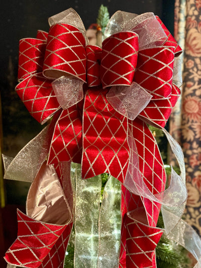 The Delaney Red & Gold Harlequin Bow, Velvet Christmas Tree Topper Bow, XL Luxury red ribbon topper, Handmade extra large Christmas tree bow