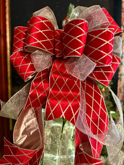 The Delaney Red & Gold Harlequin Bow, Velvet Christmas Tree Topper Bow, XL Luxury red ribbon topper, Handmade extra large Christmas tree bow