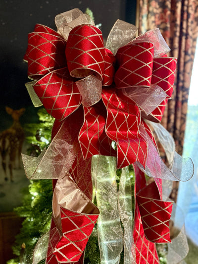 The Delaney Red & Gold Harlequin Bow, Velvet Christmas Tree Topper Bow, XL Luxury red ribbon topper, Handmade extra large Christmas tree bow