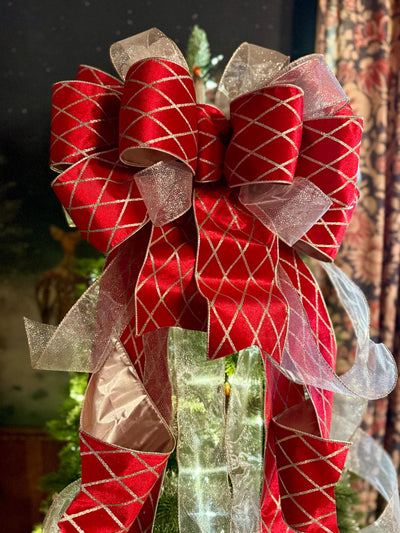 The Delaney Red & Gold Harlequin Bow, Velvet Christmas Tree Topper Bow, XL Luxury red ribbon topper, Handmade extra large Christmas tree bow