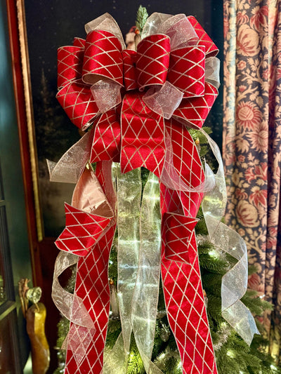 The Delaney Red & Gold Harlequin Bow, Velvet Christmas Tree Topper Bow, XL Luxury red ribbon topper, Handmade extra large Christmas tree bow
