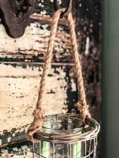 Wired Glass Votive Candle Holder With Jute Rope