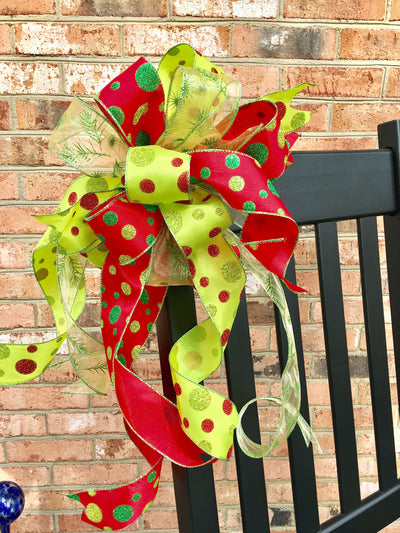The Betty Lou Hoo Christmas tree topper bow~wreath bow~swag bow~red and green Christmas bow~polka dot bow~bow for wreaths~mailbox bow