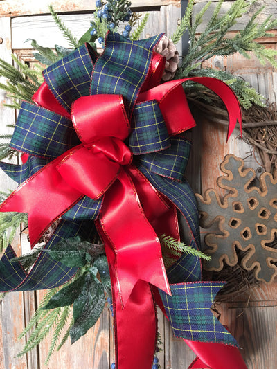 The Merida rustic farmhouse Winter wreath/red and navy plaid/winter wreath/pine wreath/wreath for door/country snowflake wreath