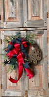 The Merida rustic farmhouse Winter wreath/red and navy plaid/winter wreath/pine wreath/wreath for door/country snowflake wreath