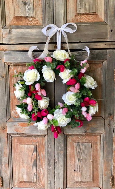 The Valerie white and pink rose wreath for front door/summer wreath/Wedding wreath/bridal shower decor/wedding decor/rose wreath