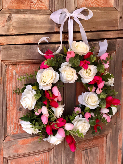 The Valerie white and pink rose wreath for front door/summer wreath/Wedding wreath/bridal shower decor/wedding decor/rose wreath