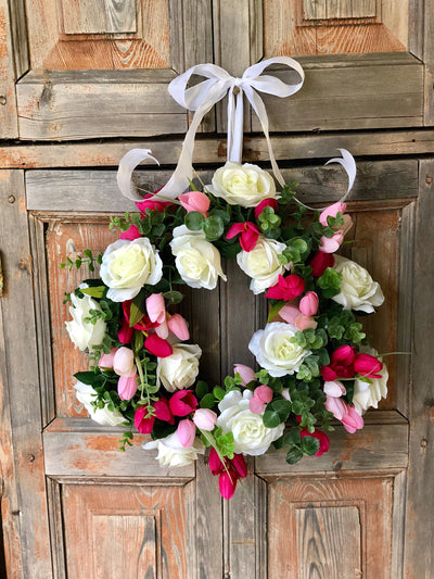 The Valerie white and pink rose wreath for front door/summer wreath/Wedding wreath/bridal shower decor/wedding decor/rose wreath
