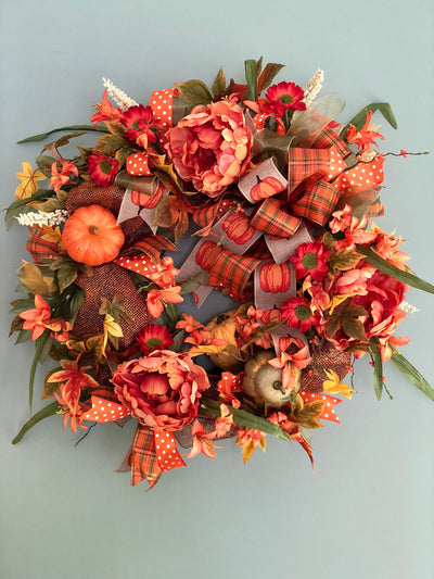 The Leslie Fall Pumpkin Wreath For Front Door~Autumn Wreath~pumpkin wreath~orange and copper peony wreath~farmhouse decor~fall decor