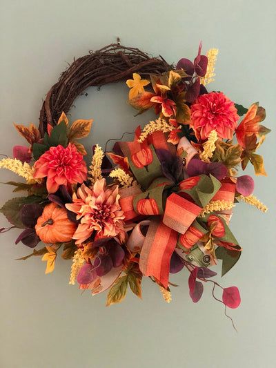 The Vera Fall Pumpkin Wreath For Front Door~Autumn Wreath~pumpkin wreath~orange and copper dahlia wreath~farmhouse decor~fall decor