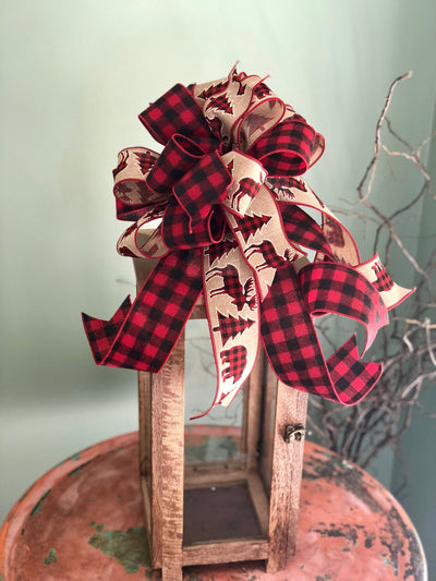 The Georgianna red and black buffalo check bow for wreaths~Christmas tree topper now~fall bow for lanterns~mailbox bow~farmhouse bow~rustic