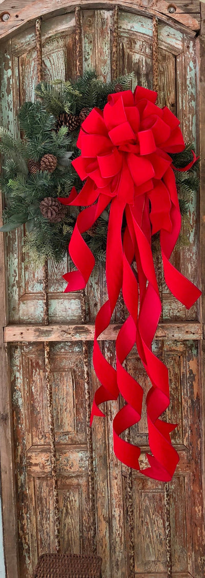 The Carol Red Velvet XL Christmas Tree Topper Bow~Oversize red velvet bow with extra long streamers~ribbon topper~large bow for wreaths