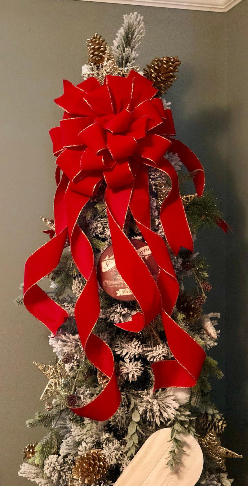 The Stella Red and Gold Velvet Christmas Tree Topper Bow~bow for wreaths~XL traditional christmas bow~oversize bow with long streamers