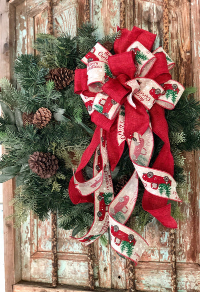 The Christabel Cranberry and Tan Vintage Truck Christmas Tree Topper bow~farmhouse bow for wreaths~lantern bow~rustic bow~country bow