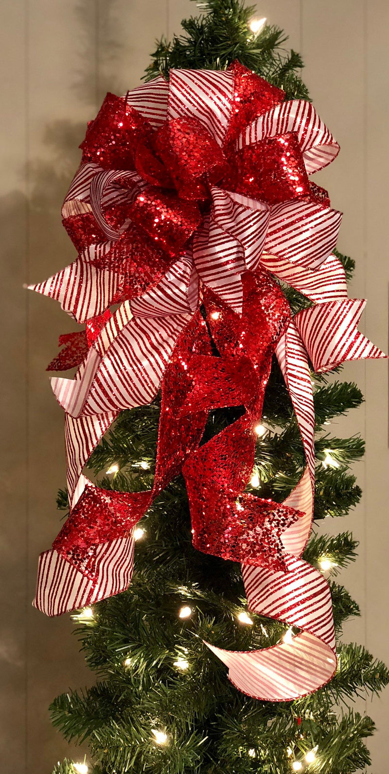 The Astrid Red & White Stripe Christmas Tree Topper Bow~Candy Cane bow~Bow for wreaths~Lantern bow~mailbox bow~swag bow~traditional red bow