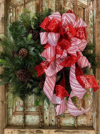 The Astrid Red & White Stripe Christmas Tree Topper Bow~Candy Cane bow~Bow for wreaths~Lantern bow~mailbox bow~swag bow~traditional red bow