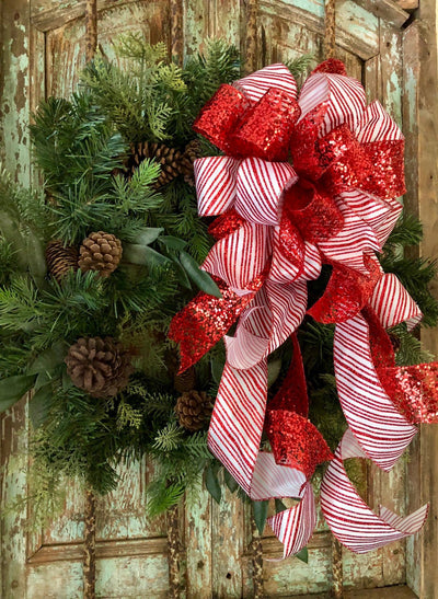 The Astrid Red & White Stripe Christmas Tree Topper Bow~Candy Cane bow~Bow for wreaths~Lantern bow~mailbox bow~swag bow~traditional red bow
