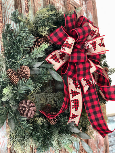The Georgianna red and black buffalo check bow for wreaths~Christmas tree topper now~fall bow for lanterns~mailbox bow~farmhouse bow~rustic