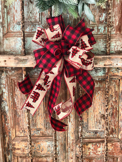 The Georgianna red and black buffalo check bow for wreaths~Christmas tree topper now~fall bow for lanterns~mailbox bow~farmhouse bow~rustic