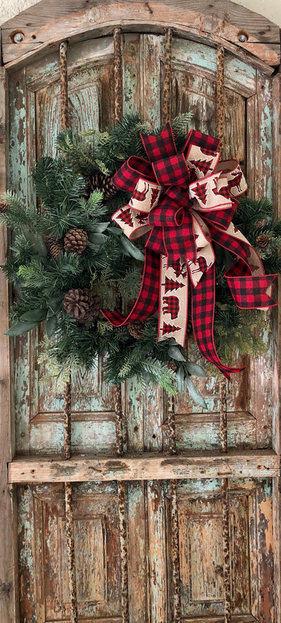 The Georgianna red and black buffalo check bow for wreaths~Christmas tree topper now~fall bow for lanterns~mailbox bow~farmhouse bow~rustic