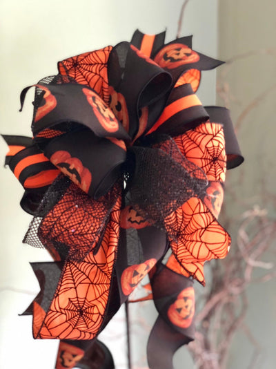 The Minerva Black and Orange Halloween Spiderweb Bow~bow for wreaths~lantern bow~mailbox bow~polka dot bow~spooky bow~creepy bow~spider bow