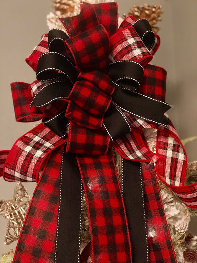 The Emerson Red White and Black Buffalo check Christmas Tree Topper Bow~rustic bow for wreaths~bow with long streamers~lodge style bow