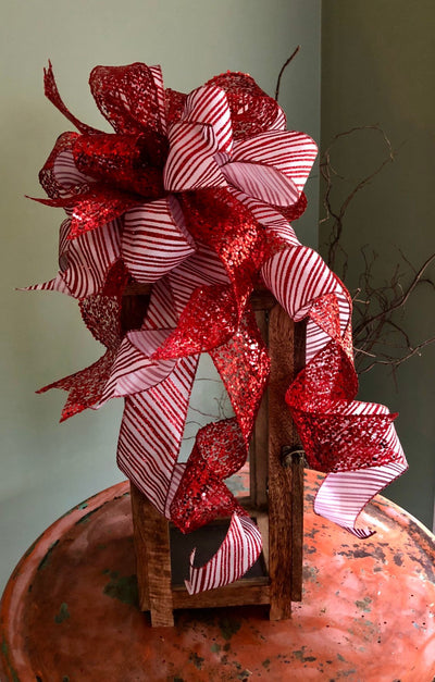 The Astrid Red & White Stripe Christmas Tree Topper Bow~Candy Cane bow~Bow for wreaths~Lantern bow~mailbox bow~swag bow~traditional red bow