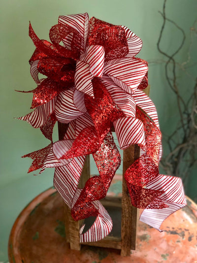 The Astrid Red & White Stripe Christmas Tree Topper Bow~Candy Cane bow~Bow for wreaths~Lantern bow~mailbox bow~swag bow~traditional red bow