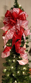 The Astrid Red & White Stripe Christmas Tree Topper Bow~Candy Cane bow~Bow for wreaths~Lantern bow~mailbox bow~swag bow~traditional red bow