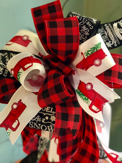 The Angus Red White & Black Farmhouse Vintage Truck Christmas Tree Topper Bow~buffalo check wreath bow~bow for lanterns~mailbox bow