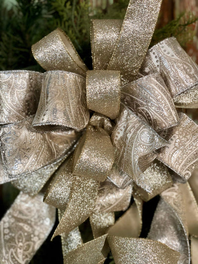 The Princess Platinum Gold & Silver Paisley Christmas Tree Topper Bow~Xmas bow for wreaths~lantern bow~large bow with streamers~elegant bow