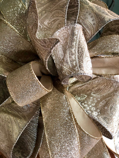 The Princess Platinum Gold & Silver Paisley Christmas Tree Topper Bow~Xmas bow for wreaths~lantern bow~large bow with streamers~elegant bow