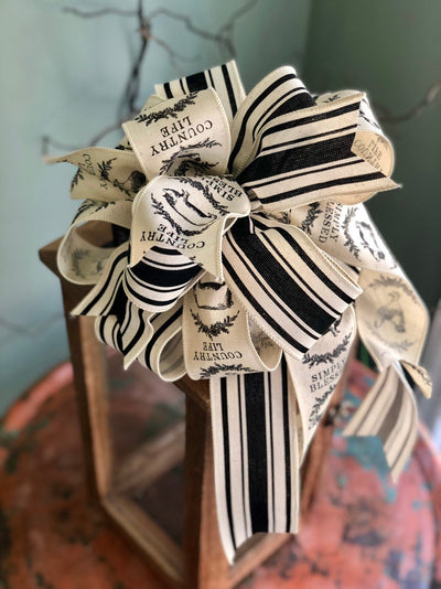 The Emaline Black & White Stripe Farmhouse Bow For Wreaths and lanterns~French country decor~mailbox country decorations~fixerupperdecor