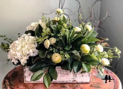 The Everly Rustic Farmhouse Spring XL Centerpiece For Table~All season ranunculus~Natural green arrangement~white hydrangea wedding florals