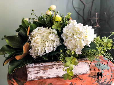 The Everly Rustic Farmhouse Spring XL Centerpiece For Table~All season ranunculus~Natural green arrangement~white hydrangea wedding florals