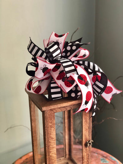 The Eve Red Black & White Ladybug Bow For Lanterns and Wreaths~Swag bow~Mailbox bow~valentines gift~polka dot bow~stripe bow~long streamer