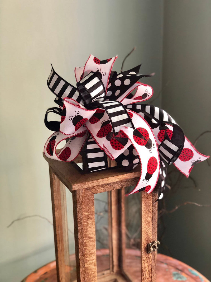 The Eve Red Black & White Ladybug Bow For Lanterns and Wreaths~Swag bow~Mailbox bow~valentines gift~polka dot bow~stripe bow~long streamer