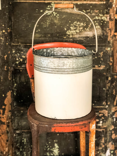 Farmhouse galvanized white pail with wood handle~Rustic primitive decor~fixer upper decor~galvanized bucket planter~shabby chic container