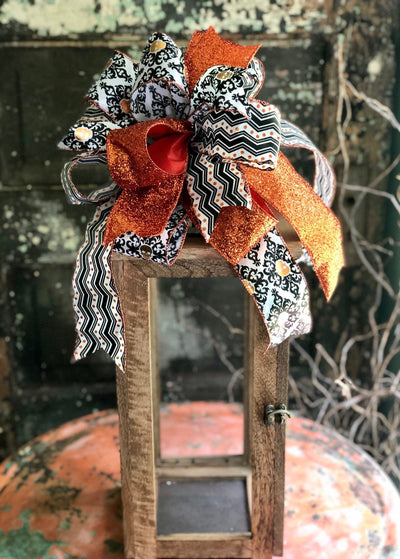 The Azriel Orange Black & White Skull Halloween Bow for Wreaths and Lanterns~All hallows eve bow~skeleton bow~large bow for mailbox~