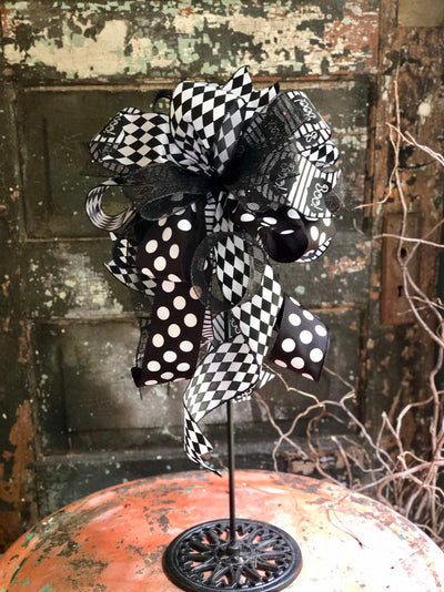 The Boojangles Black & White Halloween Bow for Wreaths And Lanterns~Spooky All Hallows Eve Bow~Skeleton Bow~pumpkin bow~graveyard bow~