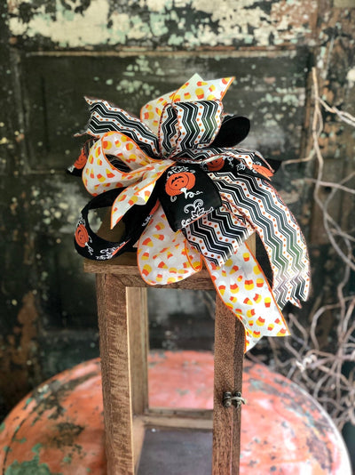The Hermoine Orange Black & White Halloween Bow for Wreaths and Lanterns~All hallows eve bow~candy corn bow~large bow for mailbox~Pumpkinbow