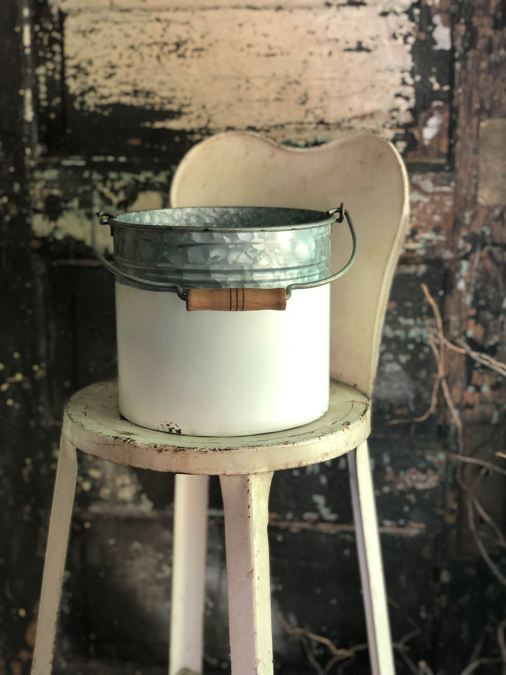 Farmhouse galvanized white pail with wood handle~Rustic primitive decor~fixer upper decor~galvanized bucket planter~shabby chic container