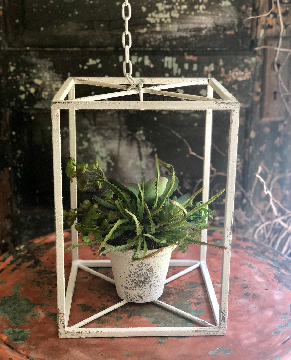 The Bonnie Farmhouse White Metal Hanging Planter Cage~White distressed vintage style succulent planter~Shabby Chic patio planter~Lakehouse